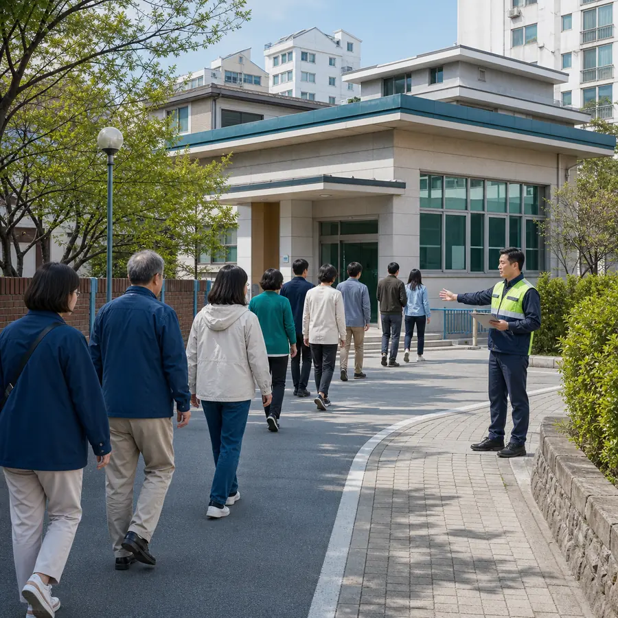 민방위 훈련의 대상 확인, 일정 조회, 교육 참여 흐름을 보여주는 설명용 일러스트