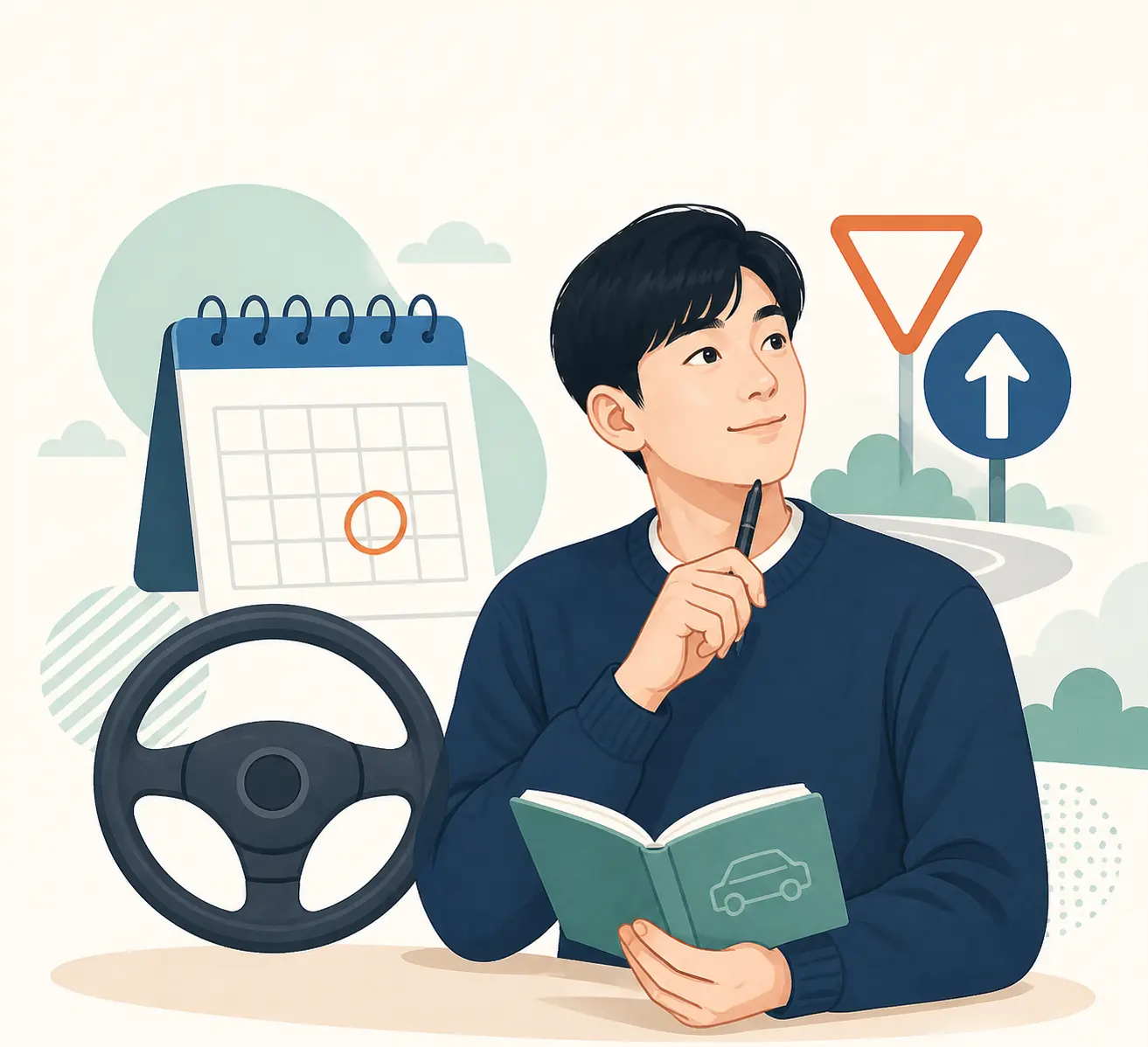 달력과 운전대, 도로 표지판으로 운전면허 나이를 설명하는 편집 일러스트