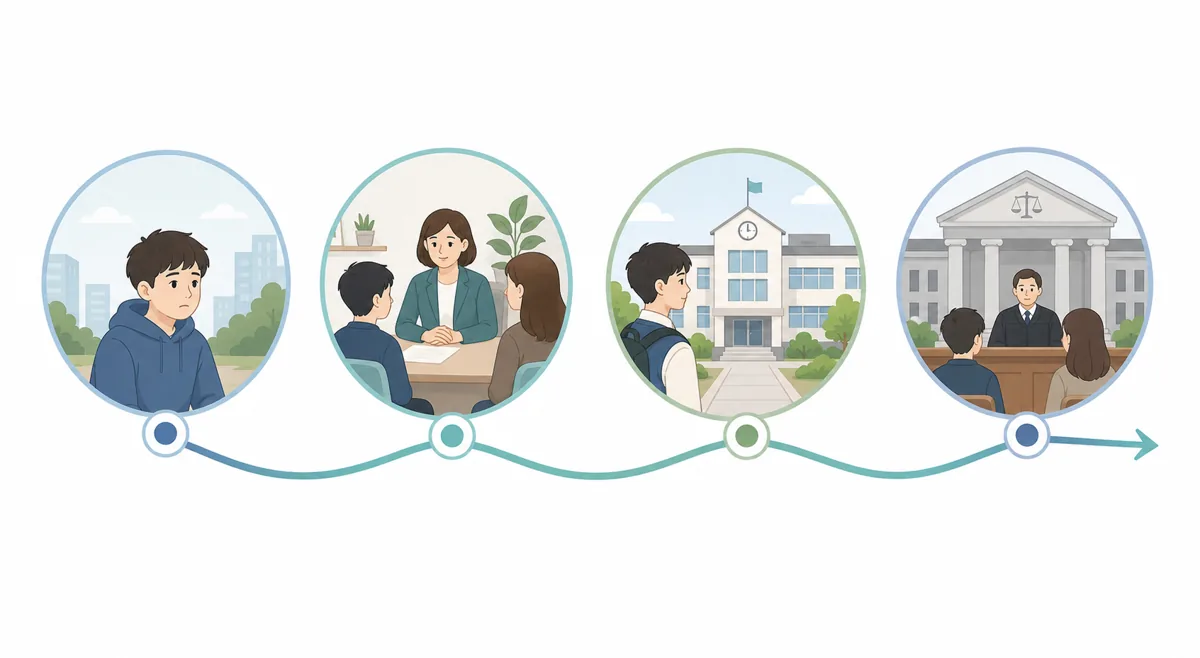 촉법소년 사건이 보호자 상담, 학교, 법원 절차로 이어질 수 있음을 보여주는 중립적 과정 일러스트