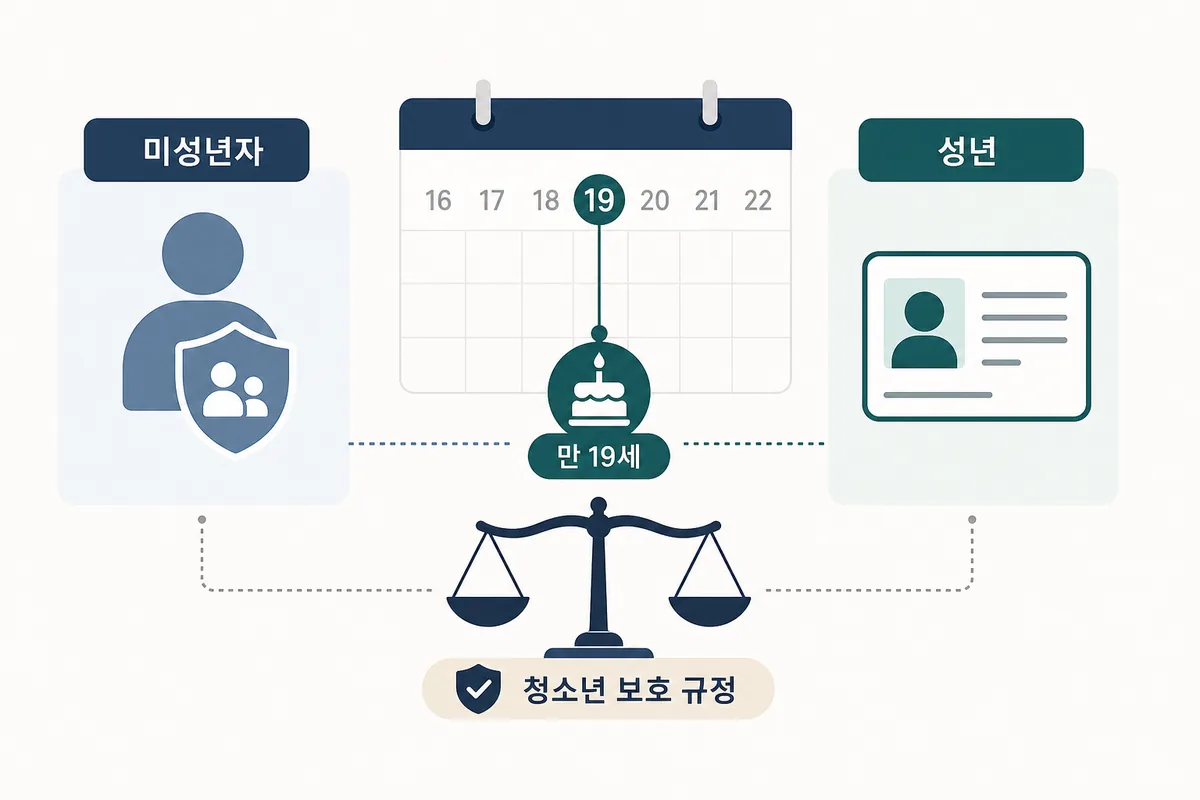 미성년자 나이와 성년 만 19세 기준을 비교한 편집 이미지